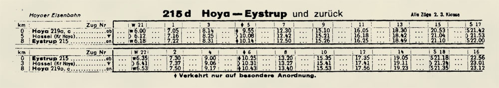 Fahrplan der Hoyaer Eisenbahn aus dem amtlichen Kursbuch der Deutschen Reichsbahn Winter 1940-1941
